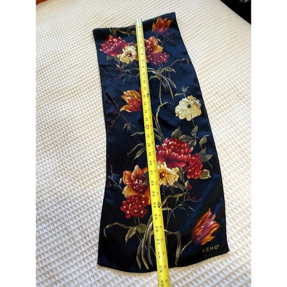 ECHO Black W/ Orange & Red Floral Print Silk Cottage Core Style Long Scarf - Picture 7 of 8